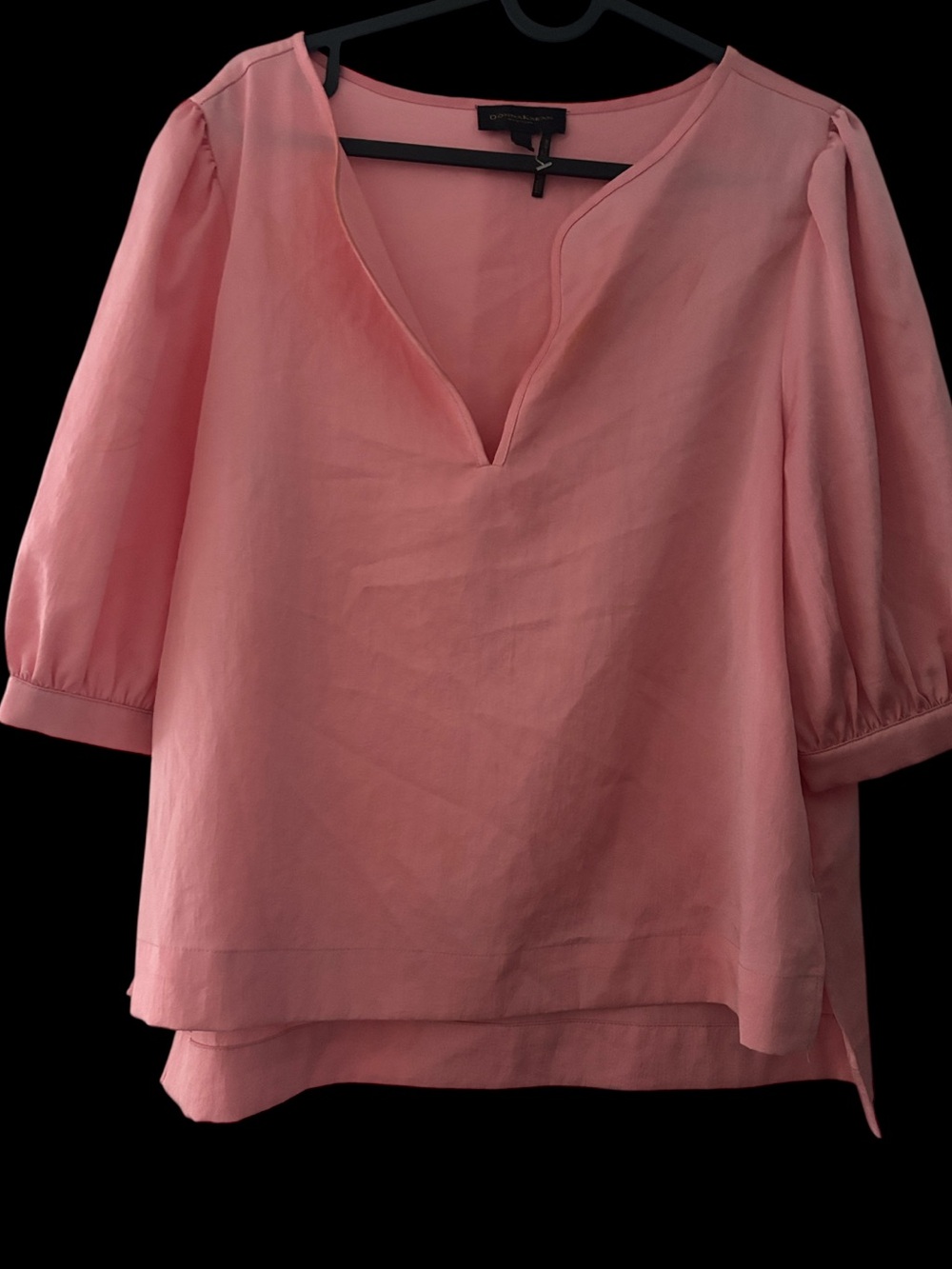 Donna Karan Pink Solid V-Neck Puff Sleeve Blouse